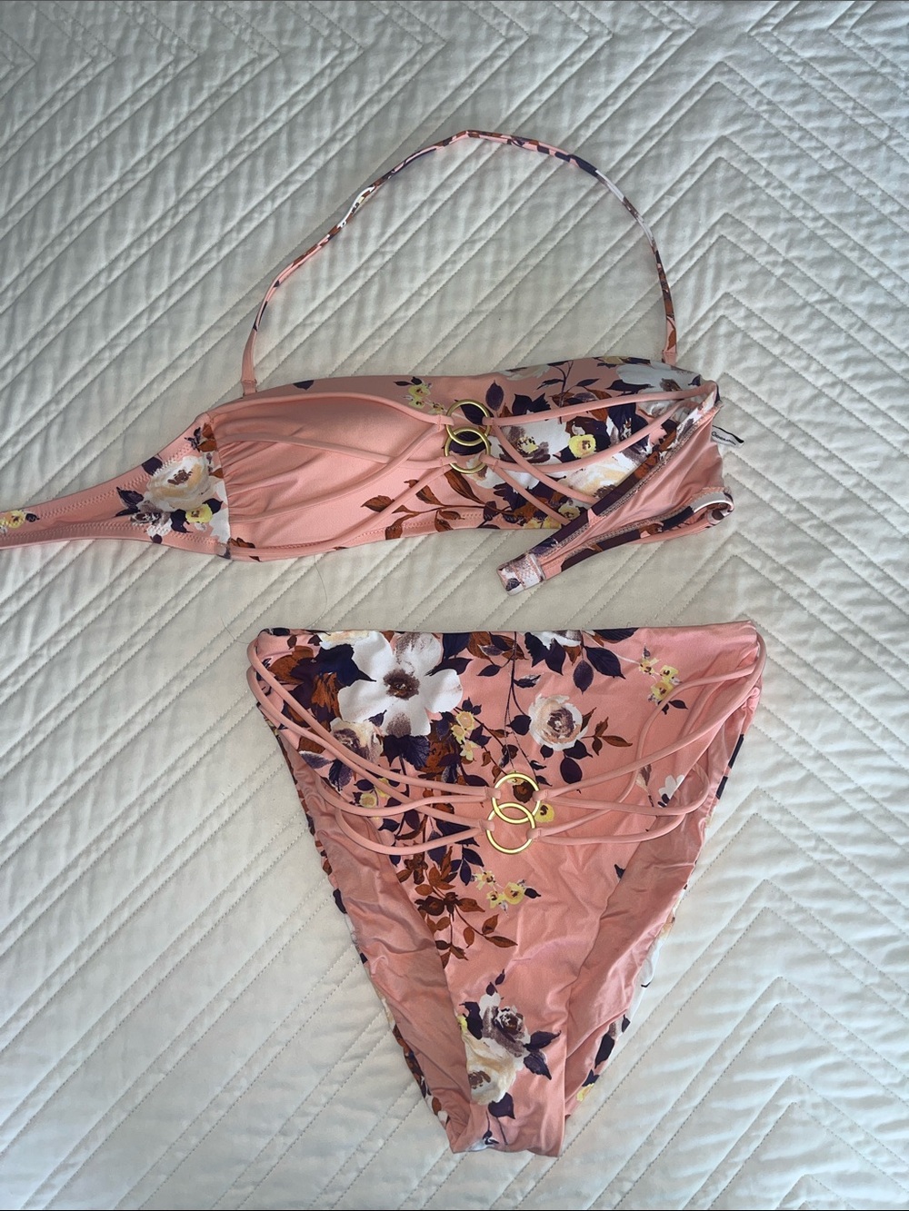 BCBGeneration Pink Floral Bikini Set with Gold Accent Rings